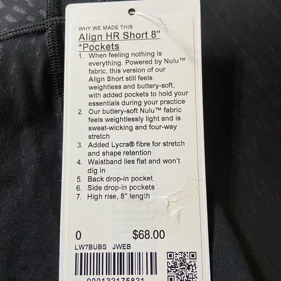 LULULEMON ALIGN HR SHORTS 8” *POCKETS IN JEWEL EMBOSS BLACK SZ 0 NWT - Picture 7 of 7